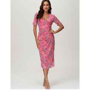 89th + Madison Women Easter Midi Dress Medium Pink Floral Mesh Faux Wrap Ruched